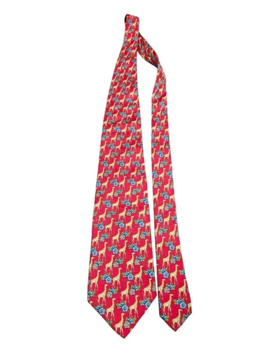 Vintage Burberrys of London 100% Silk Red Giraffe Floral Animal Print Tie